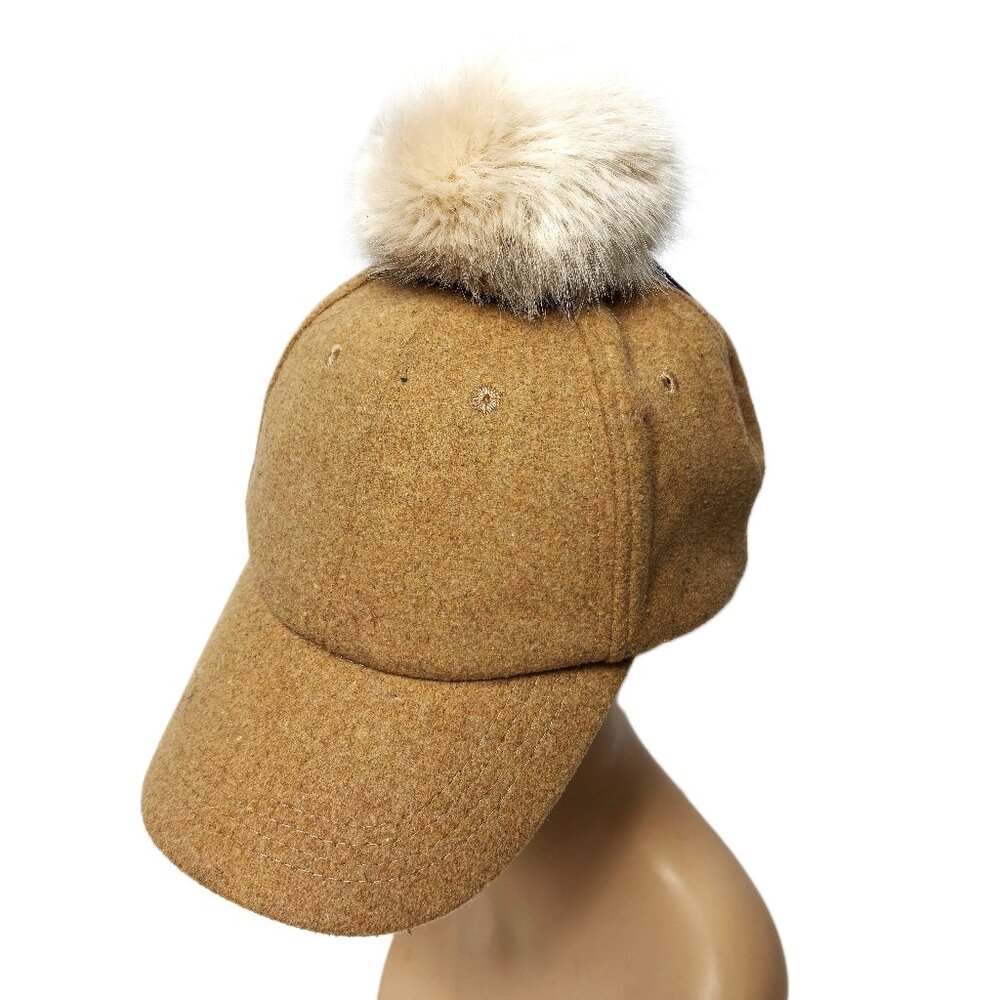 Forever 21 Wool Baseball Hat Faux Fur Pom Pom Adjustable Strap back NWT